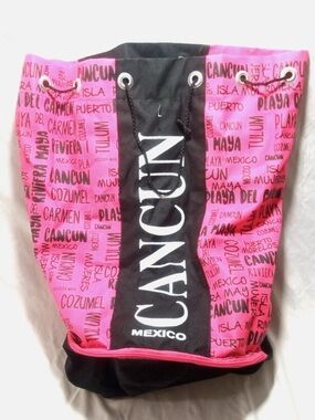 Drawstring Backpack Cancun Mexico Pink Bottom Compartment Large Sized